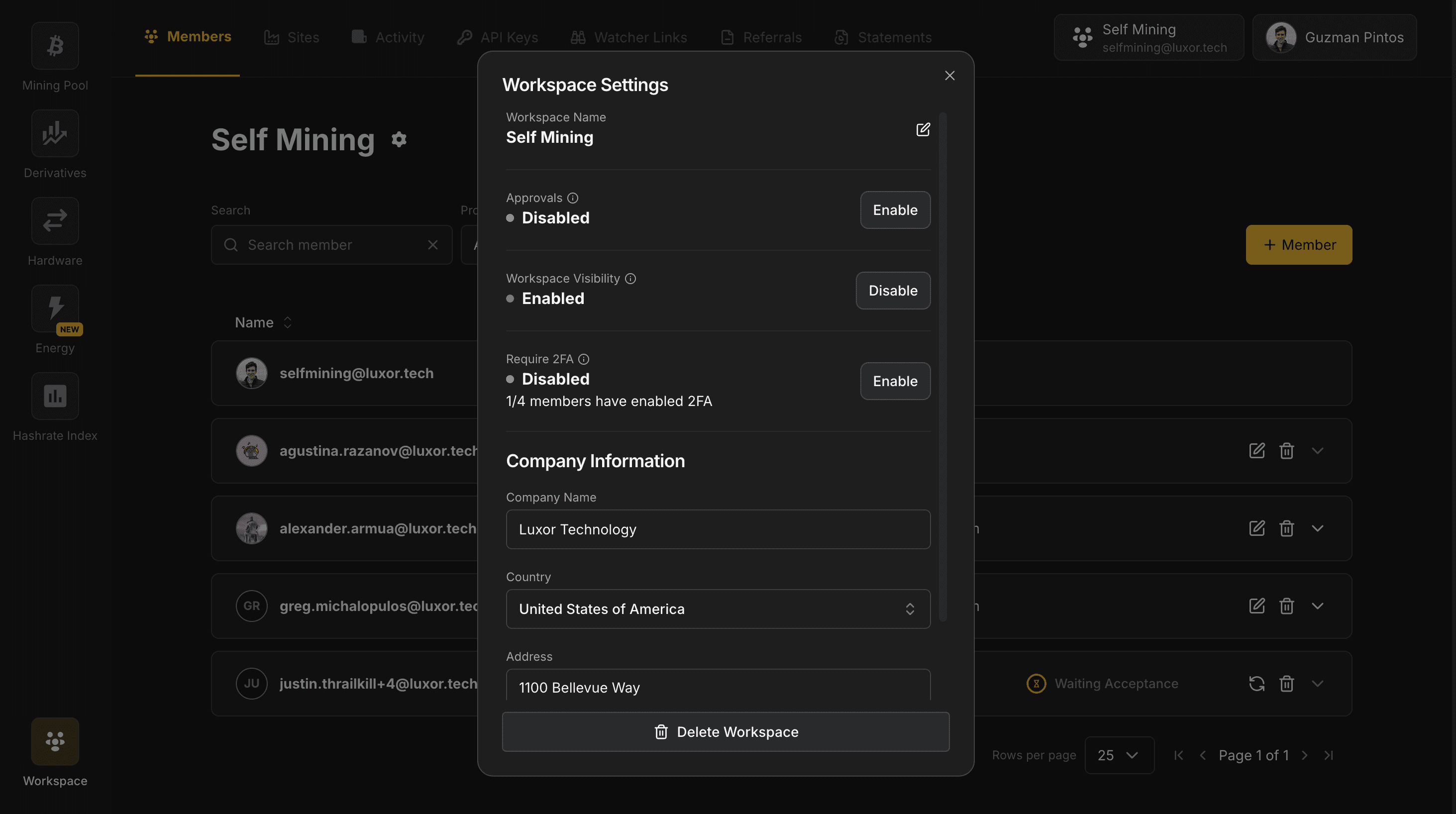 Workspaces Settings Page